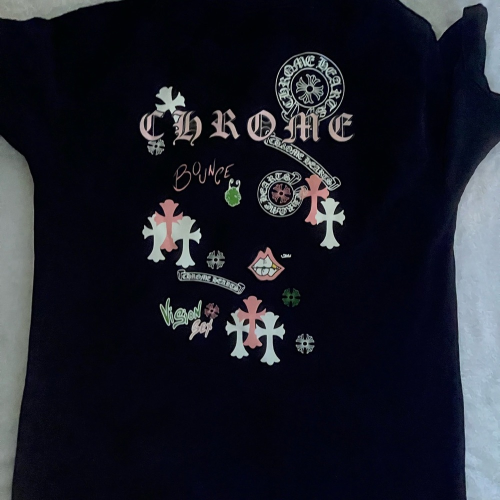 Chrome Hearts Black Tee with Pink and White Graphics